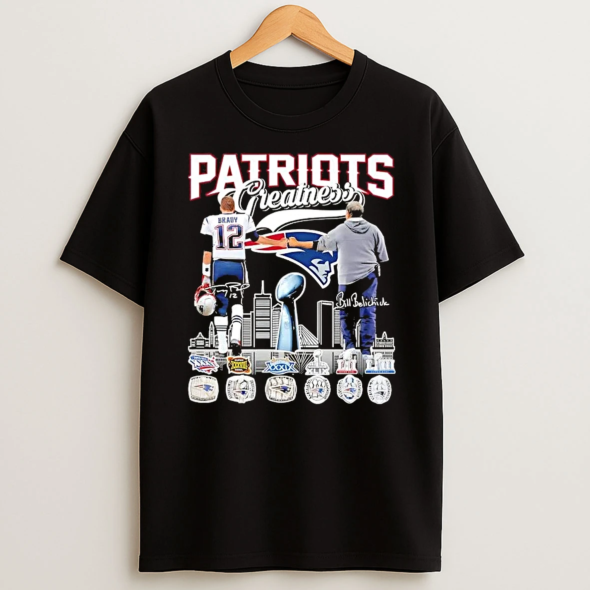 Tom Brady Fist Bump Bill Belichick X New England Patriots Greatness Skyline Signatures T Shirt