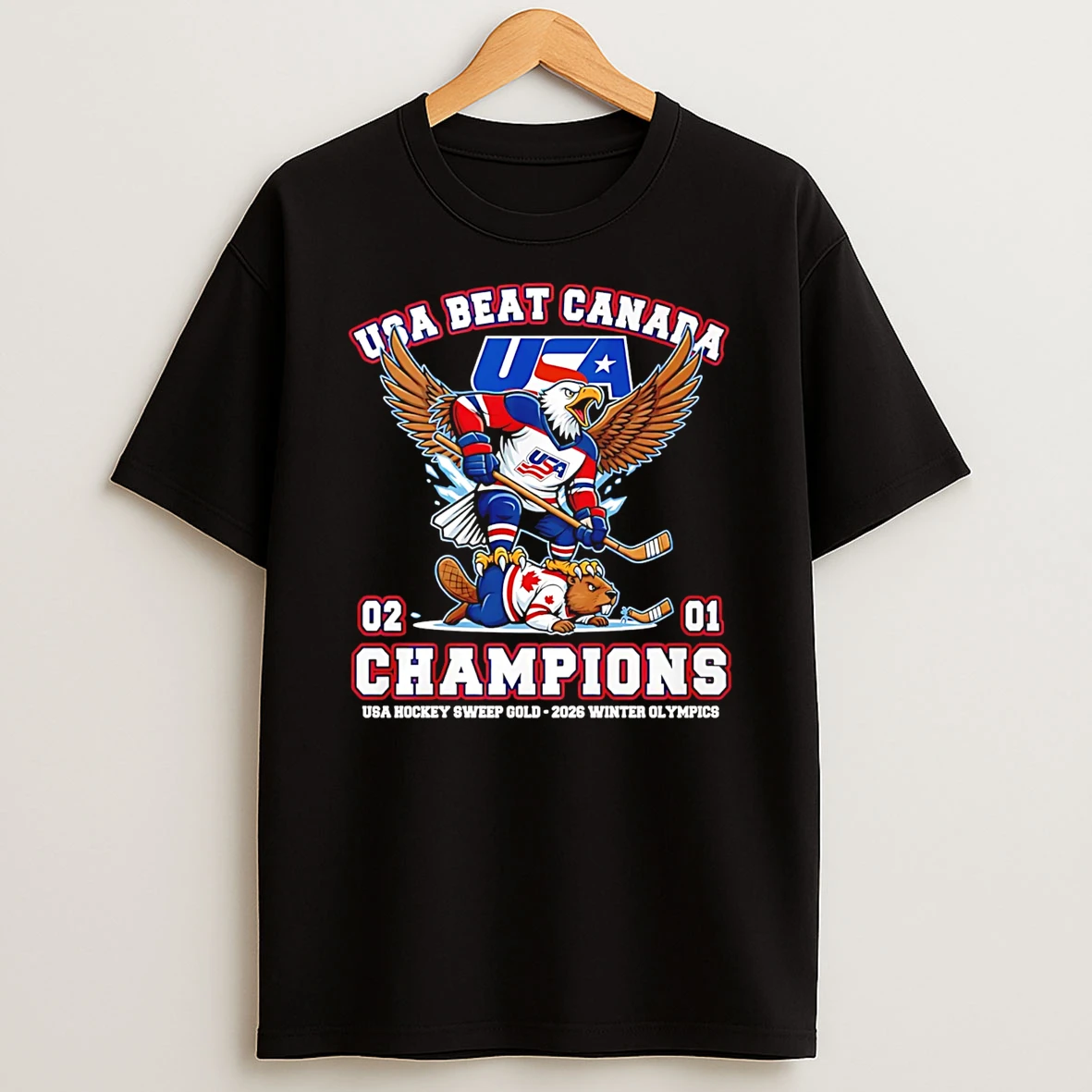 Usa Beat Canada 2026 Usa Hockey Sweep Gold Winter Olympics Champions 2 1 Mascot T Shirt