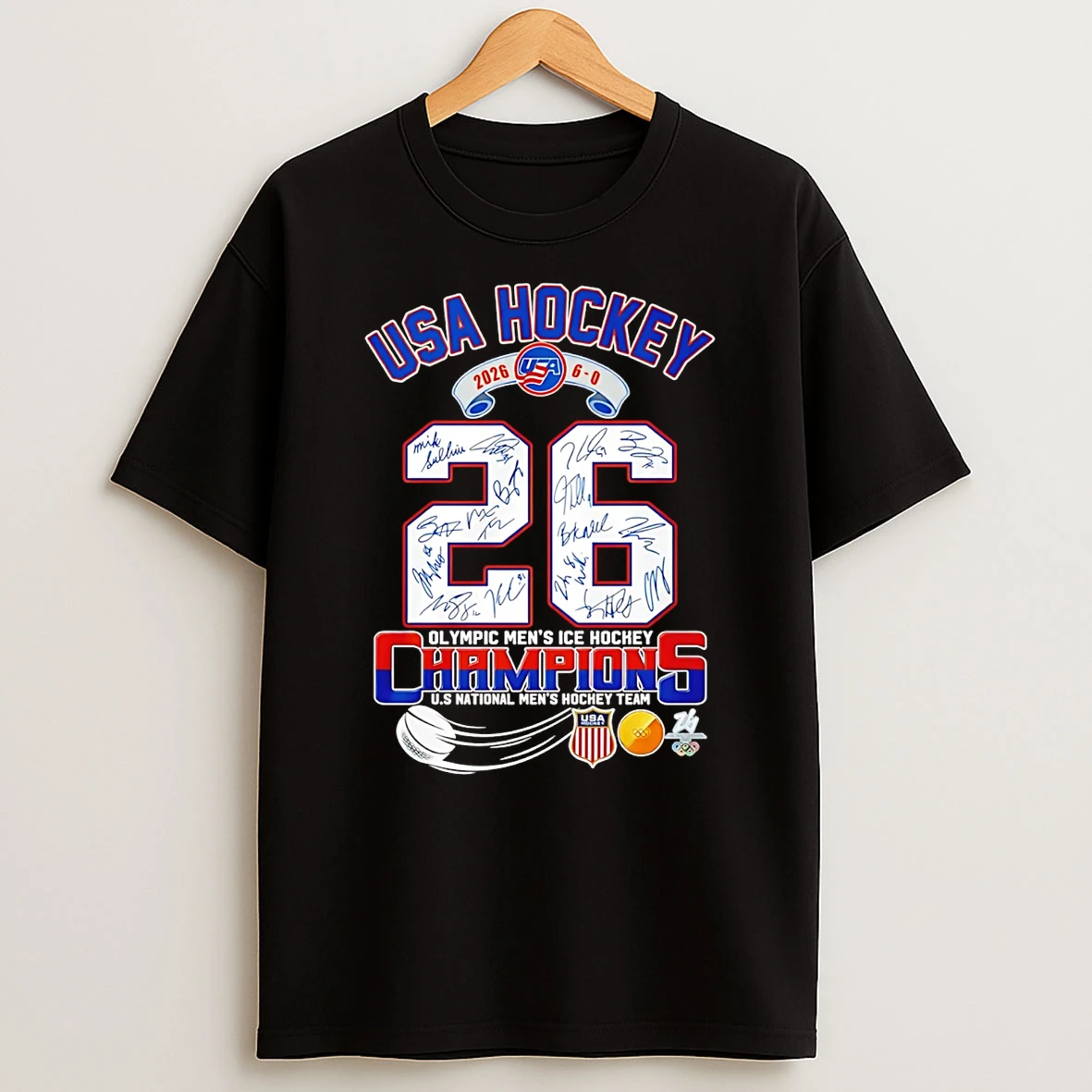 Usa Hockey 26 Olympics Mens Ice Hockey Champions Signatures T Shirt