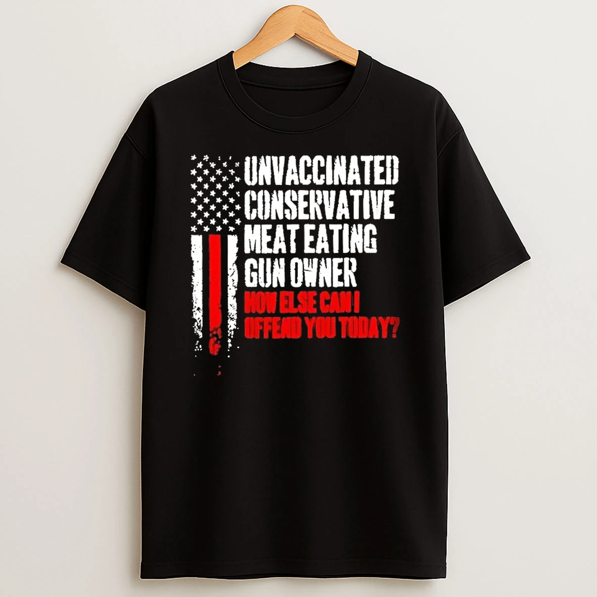 Unvaccinated Conservative Meat Eating Gun Owner How Else Can I Offend You Today Us Flag T Shirt