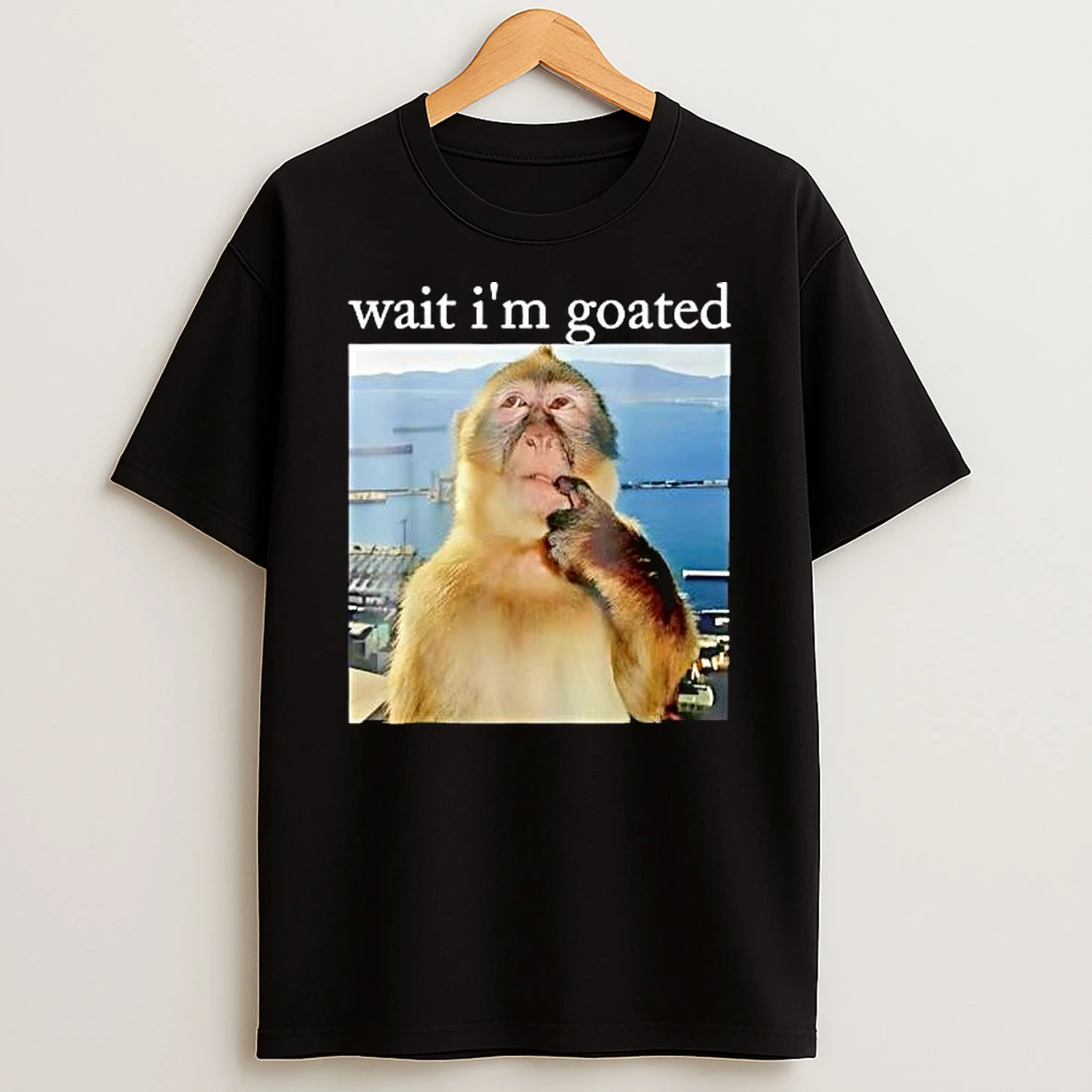 Wait Im Goated Pensive Monkey Thinking Sea Background T Shirt