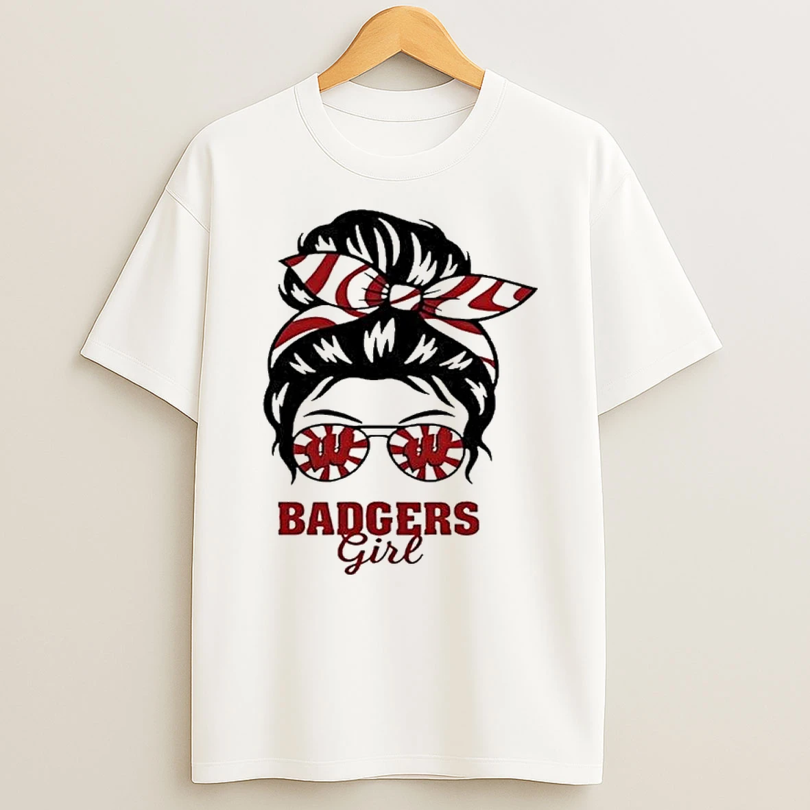 Wisconsin Badgers Girl Messy Bun Glasses Retro T Shirt