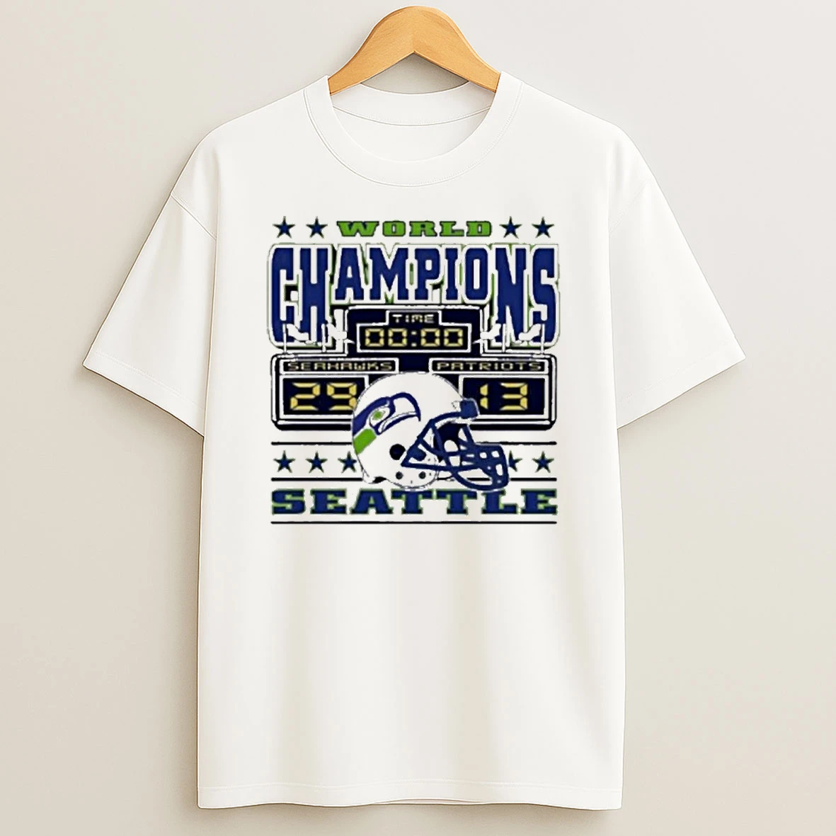 World Champions Seattle Seahawks 29 Patriots 13 Scoreboard Helmet T Shirt