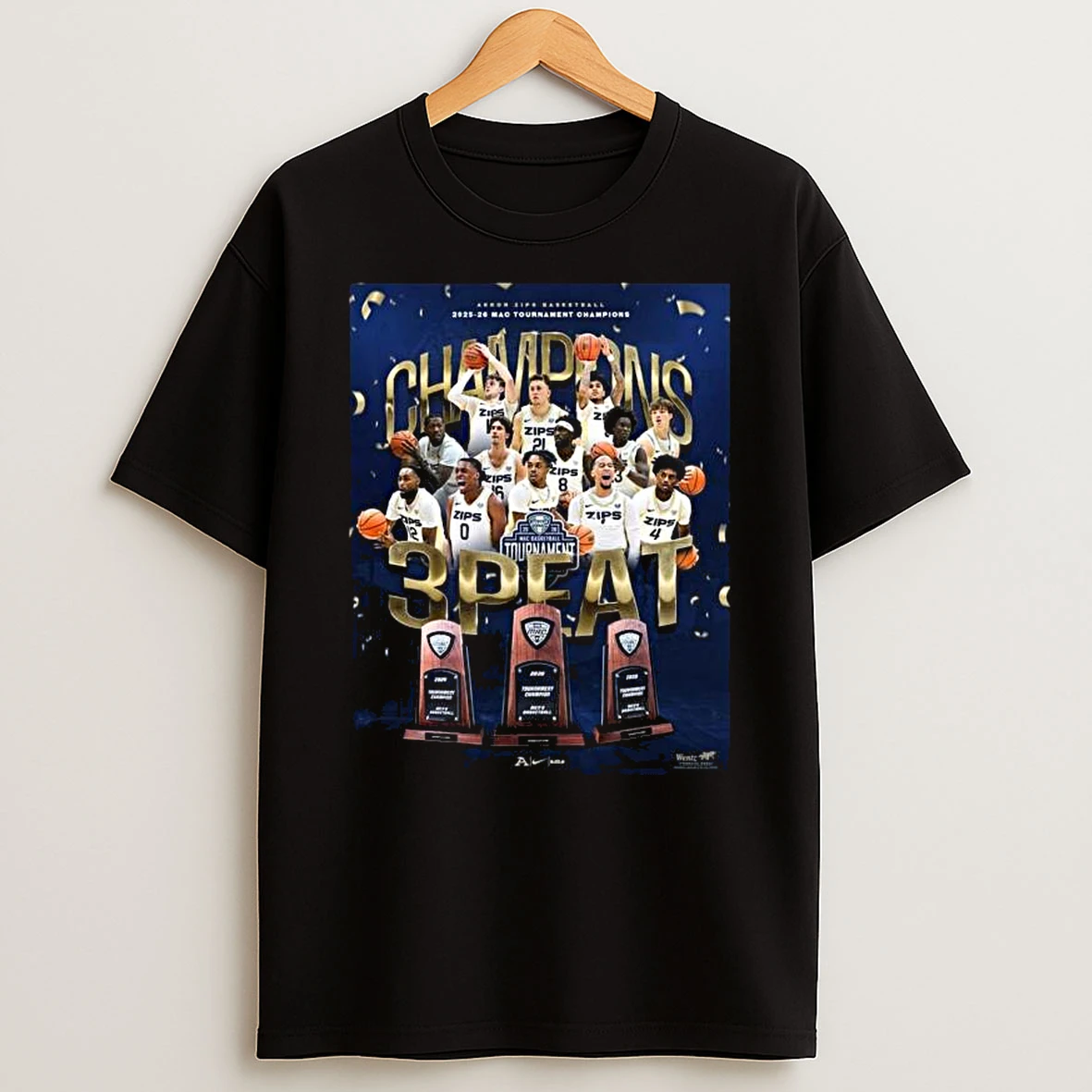 Akron Zips Mens Basketball 2025 2026 Mac Tournament Champions 3 Peat In A Row T Shirt