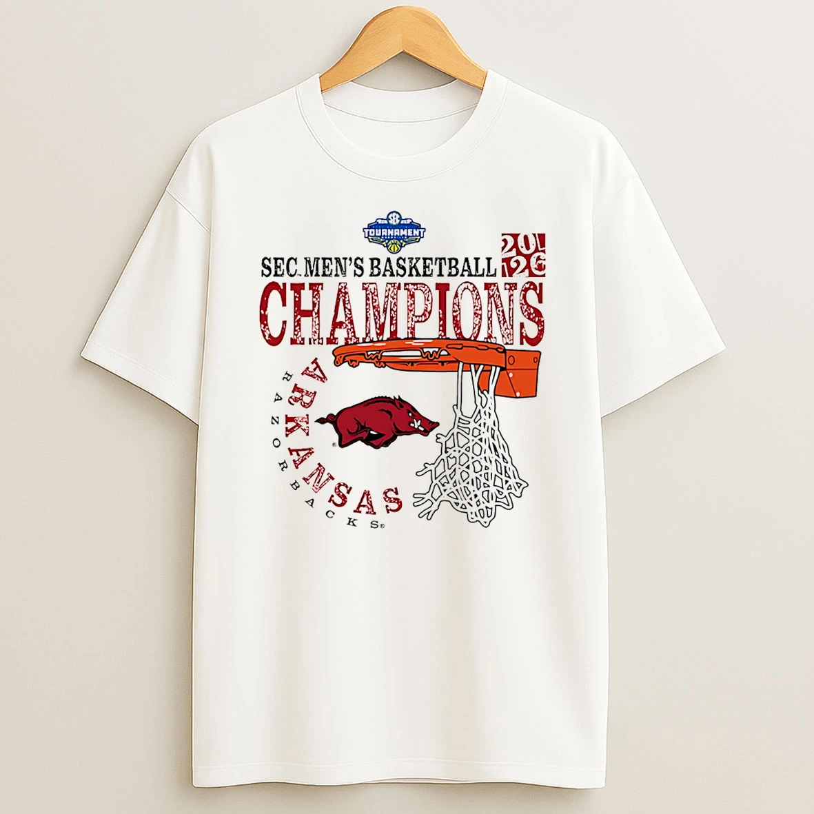 Arkansas Razorbacks 2026 Sec Mens Basketball Tournament Champions Cut Nets T Shirt