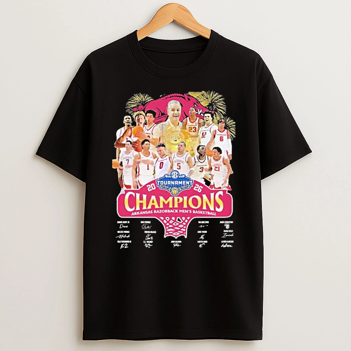 Arkansas Razorbacks Mens Basketball 2026 Tournament Champions Signatures T Shirt