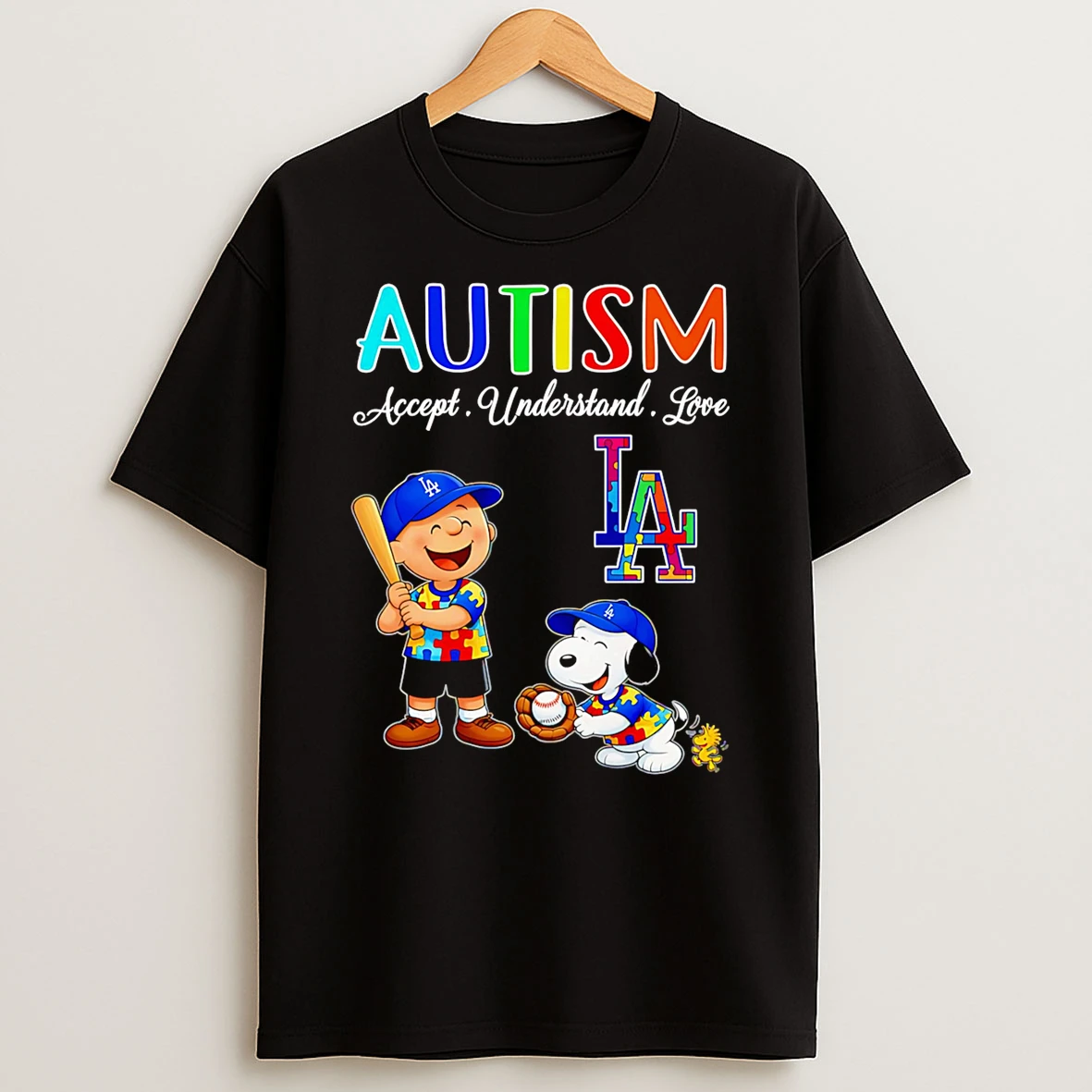 Charlie Brown And Snoopy Autism Accept Understand Love Los Angeles Dodgers T Shirt