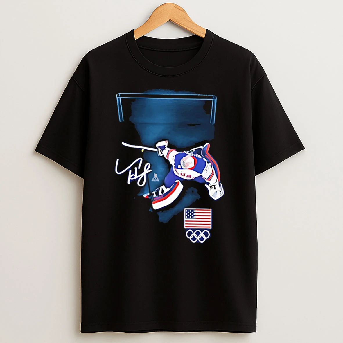 Connor Hellebuyck Us Mens Olympic Hockey Gold Medal Save Signature T Shirt
