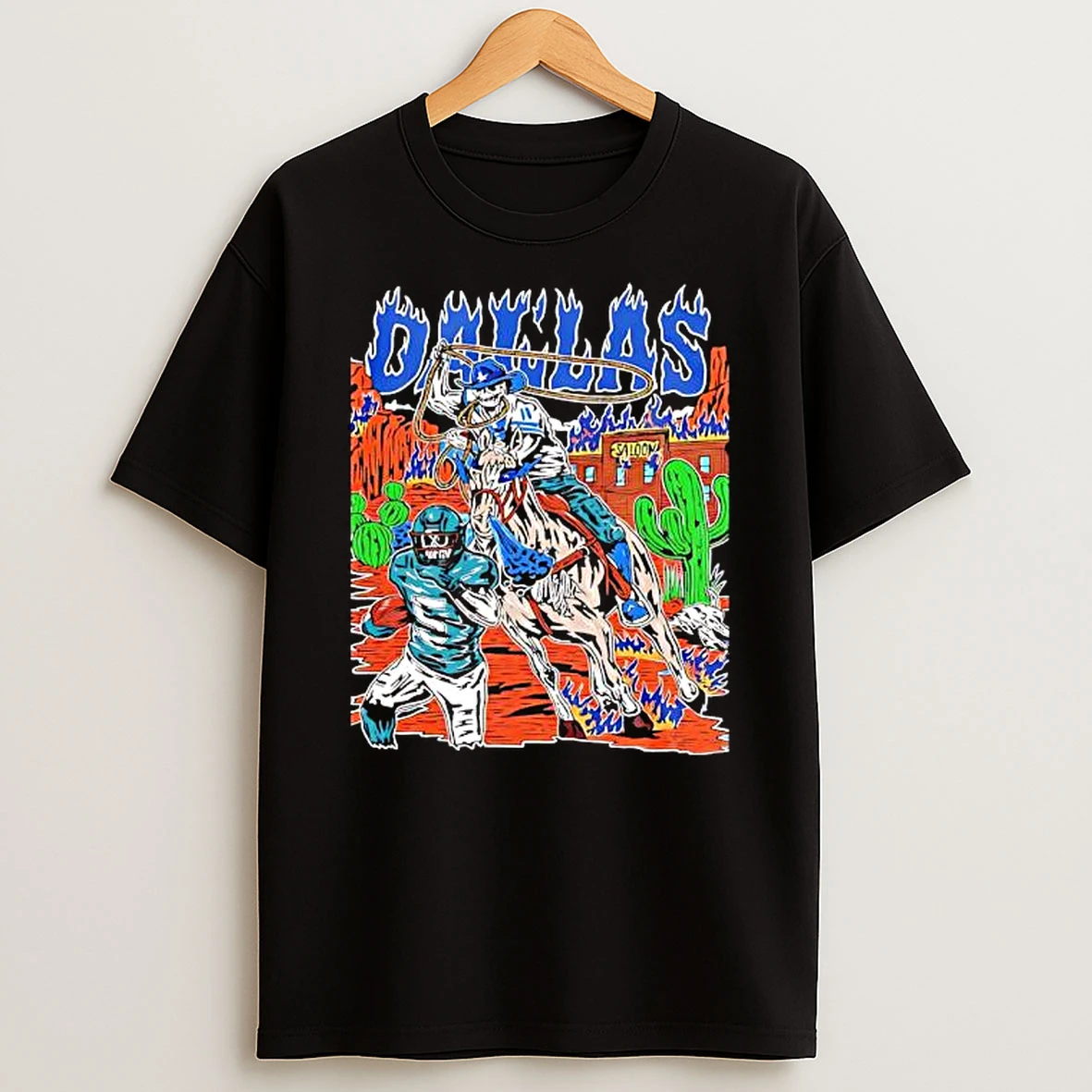 Dallas Cowboys Skeleton Cowboy Lasso Horse Desert Saloon Graphic T Shirt