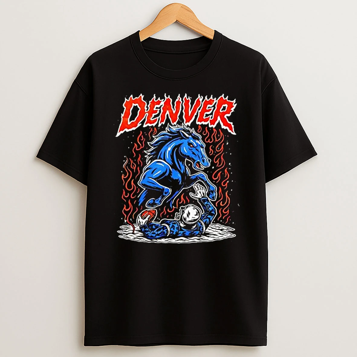 Denver Broncos Blue Horse Fire Football Player Grounded Graphic T Shirt