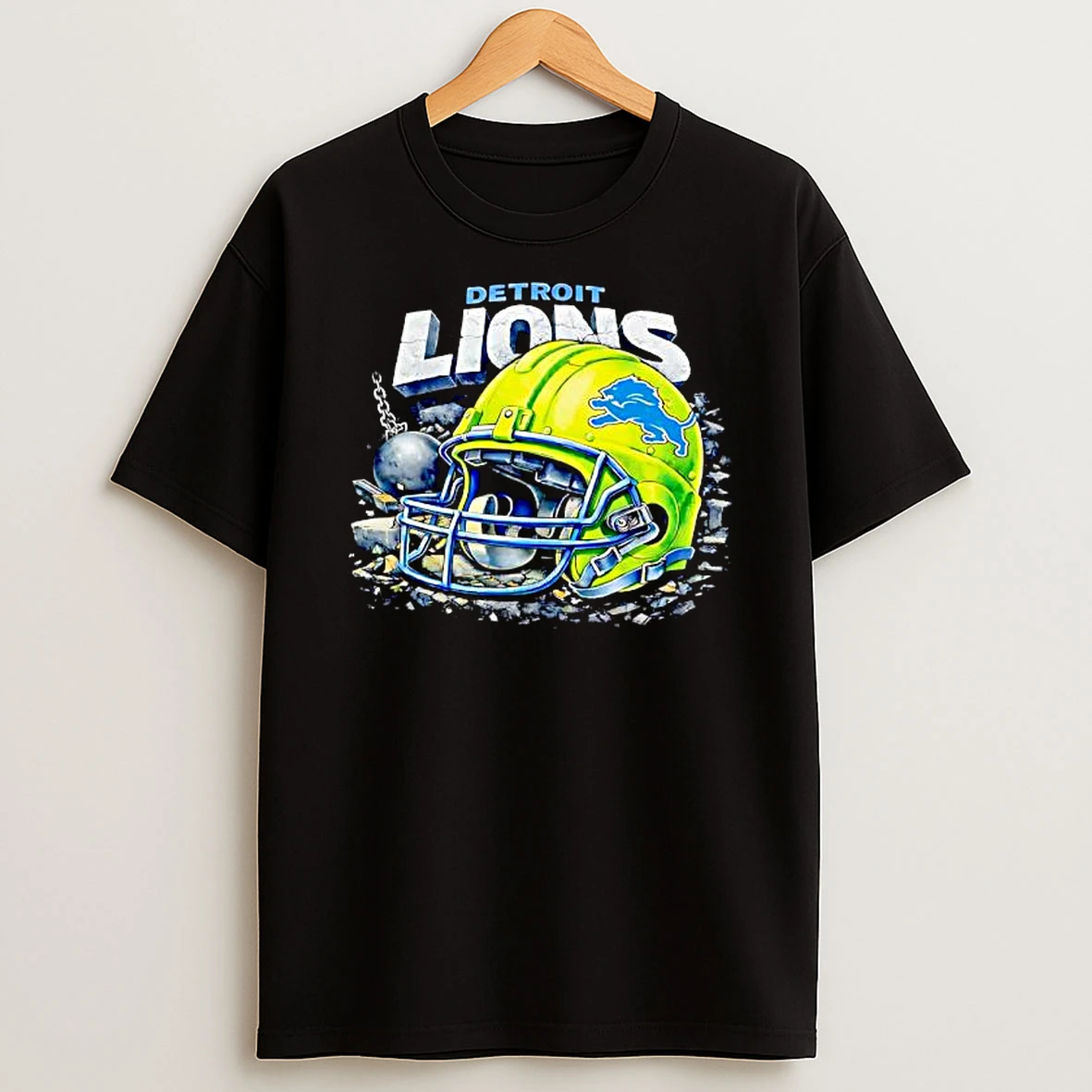 Detroit Lions Football Helmet Wrecking Ball Graphic Sports T Shirt
