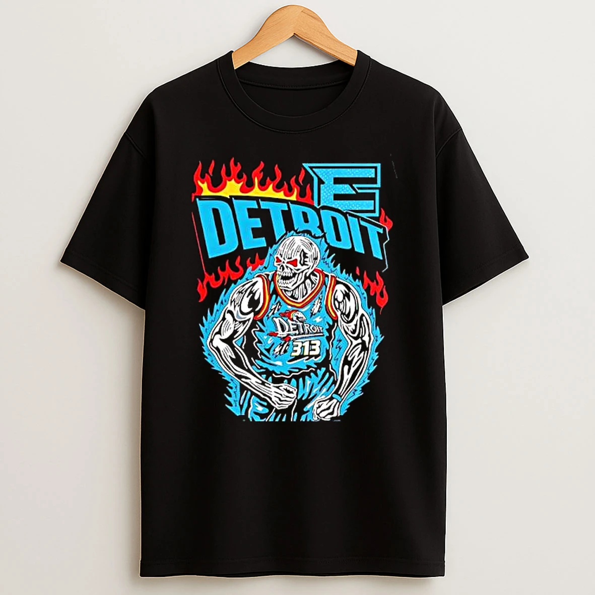 Detroit Pistons 313 Basketball Skeleton Muscles Flame T Shirt