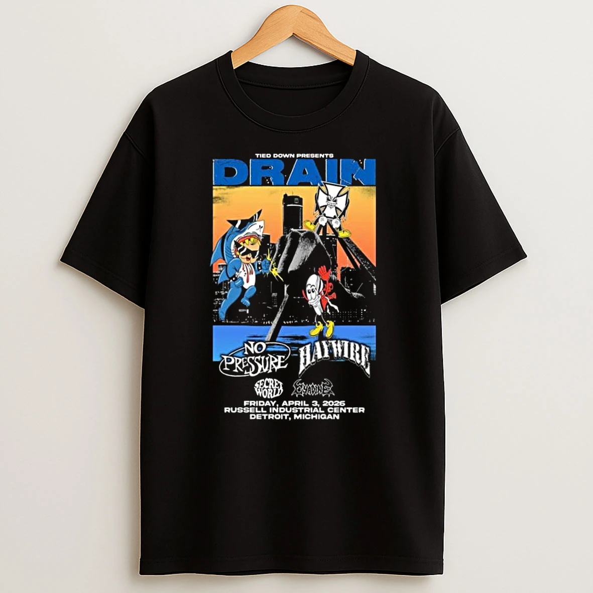 Drain Tied Down Presents At Russell Industrial Center On April 3 2025 Detroit Michigan T Shirt