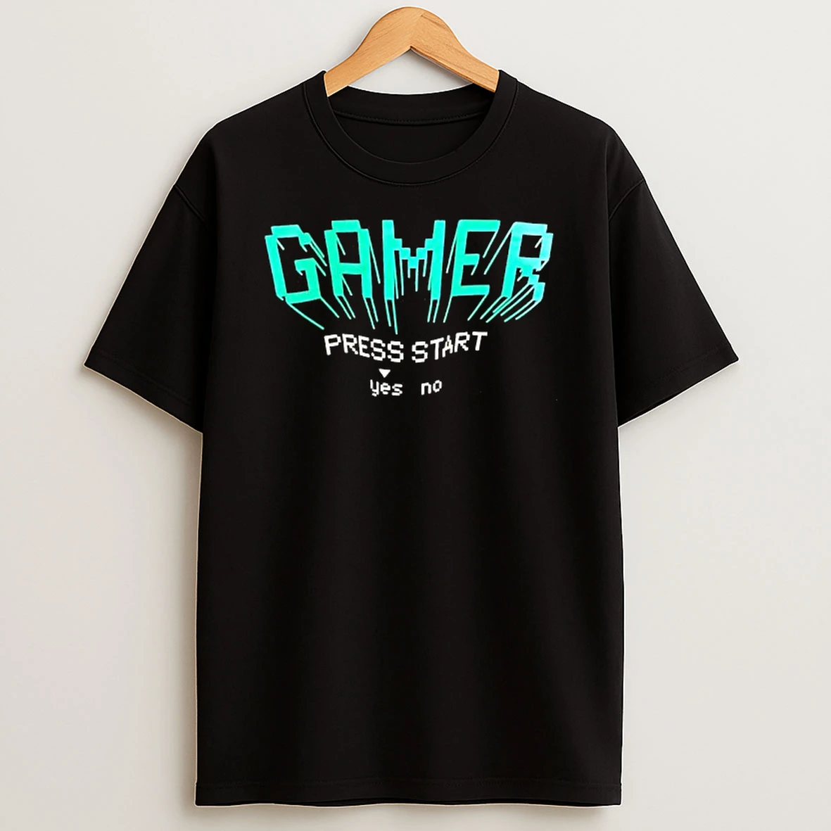 Gamer Press Start Yes No Cyan Retro Gaming T Shirt