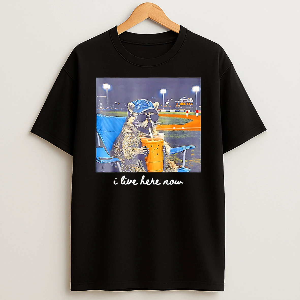 I Live Here Now Raccoon Baseball Mama T Shirt
