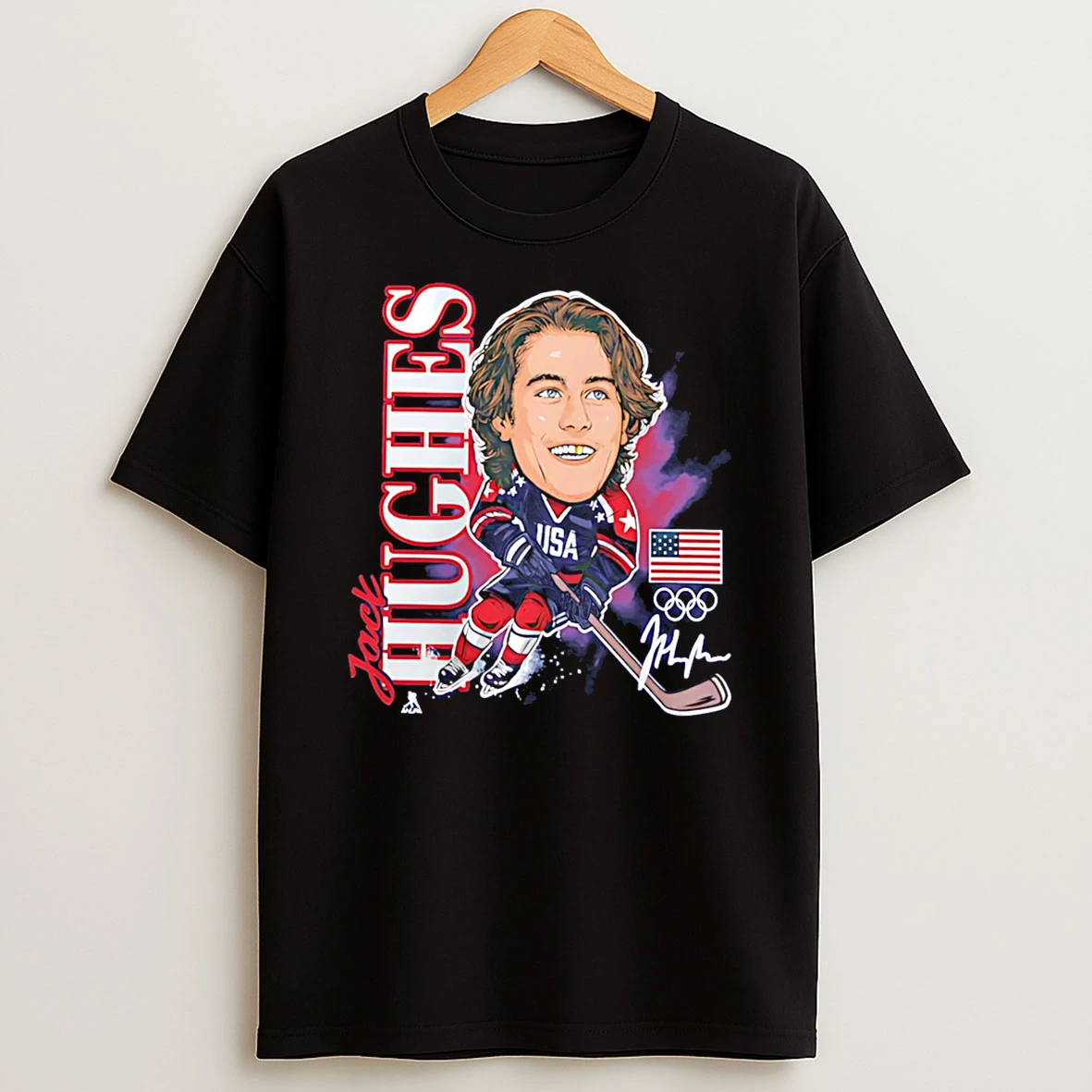 Jack Hughes Us Mens Olympic Hockey Gold Medal Caricature T Shirt