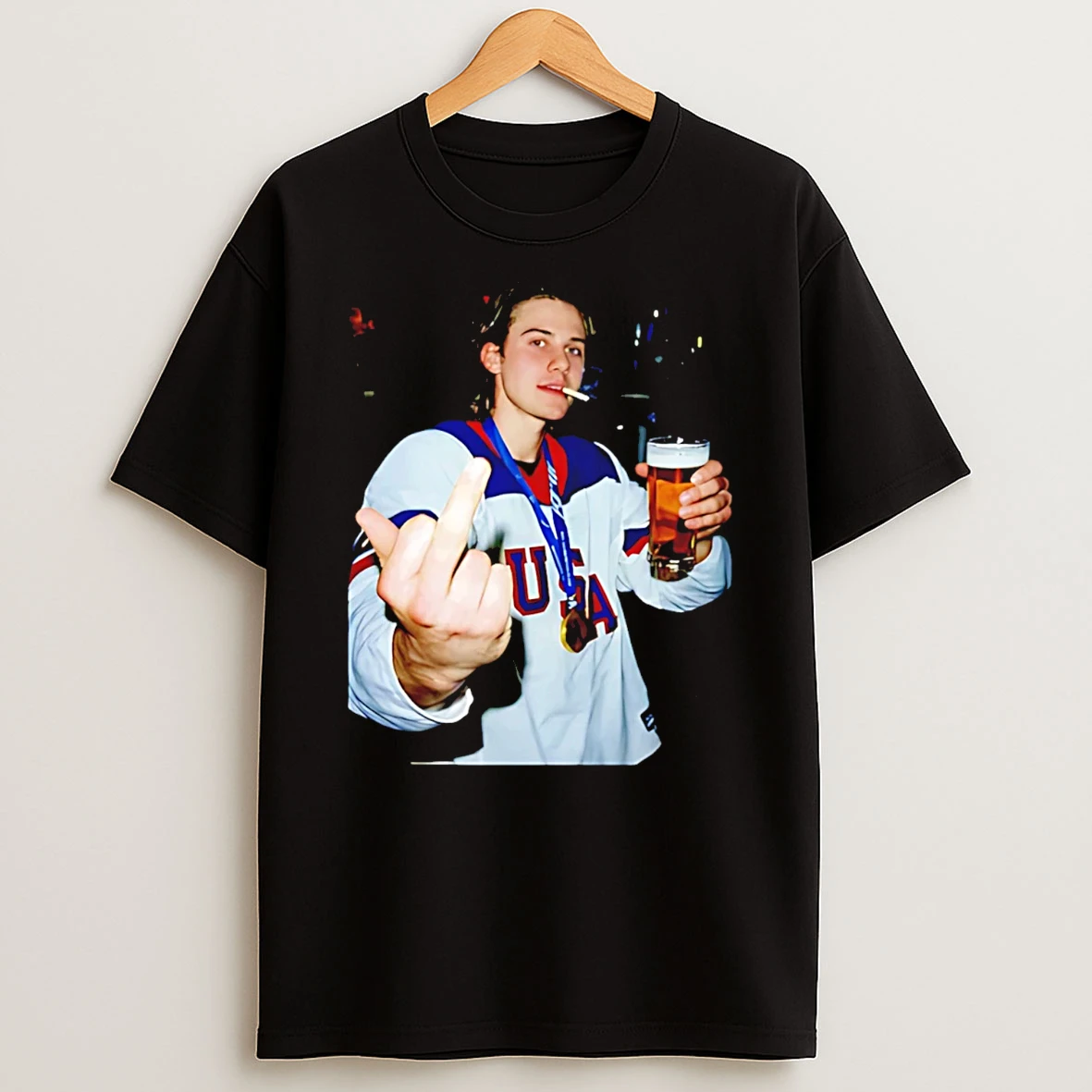 Jack Hughes Middle Finger And Beer Usa Hockey Champion Gold 2026 T Shirt