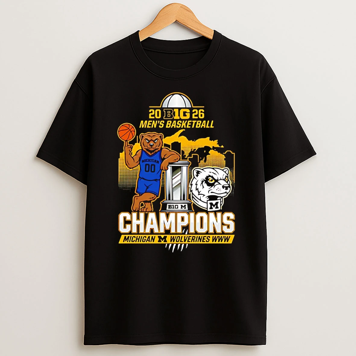 Michigan Wolverines Big Mens Basketball Champions 2026 Mascot Trophy T Shirt
