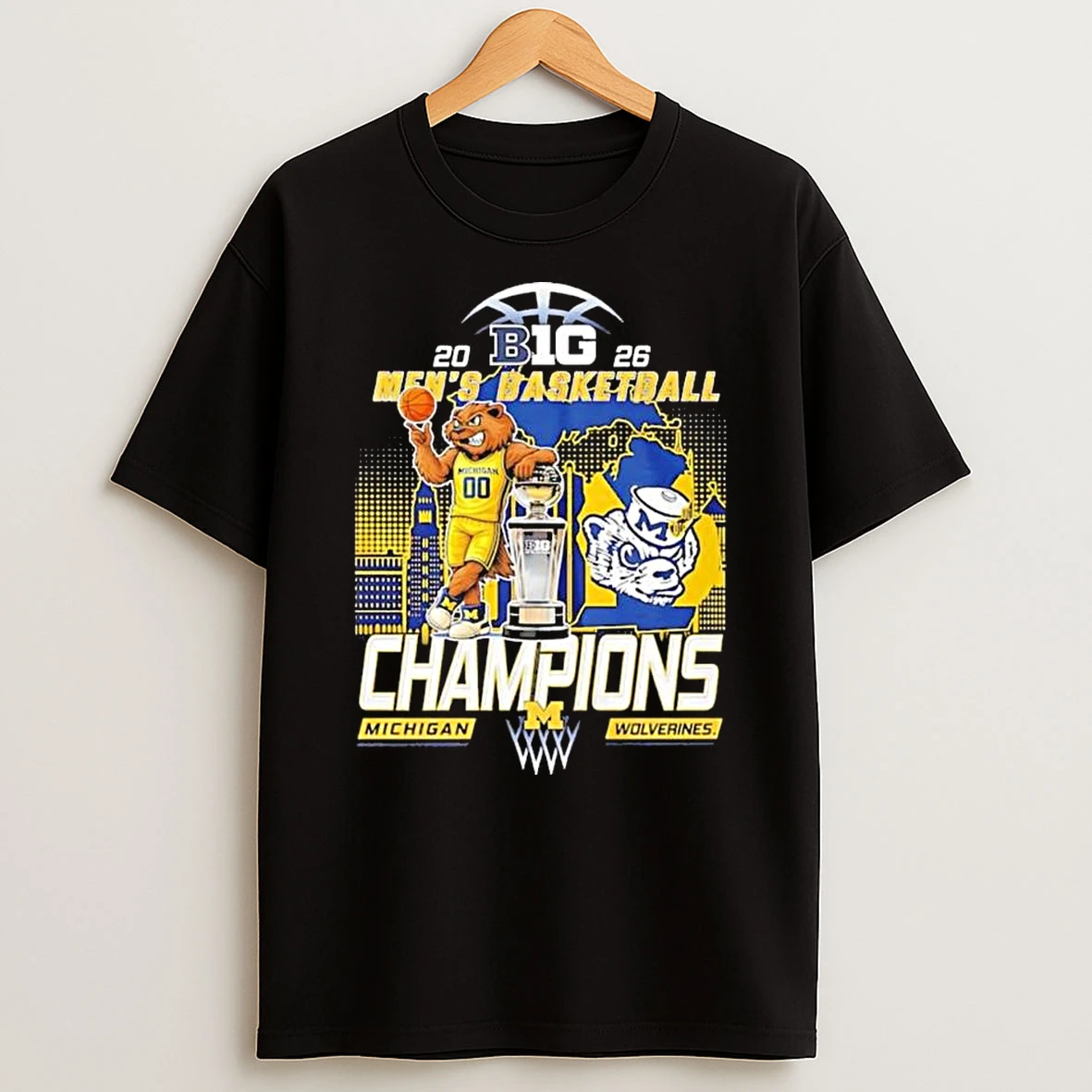 Michigan Wolverines Mens Basketball Big Ten 2026 Champions Mascot T Shirt