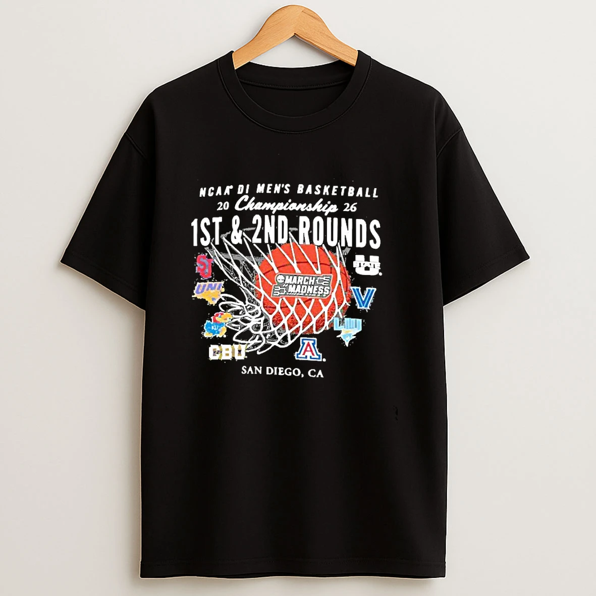 Ncaa Di Mens Basketball Championship 2026 1st 2nd Rounds March Madness San Diego Ca Basketball Net Team Logos T Shirt