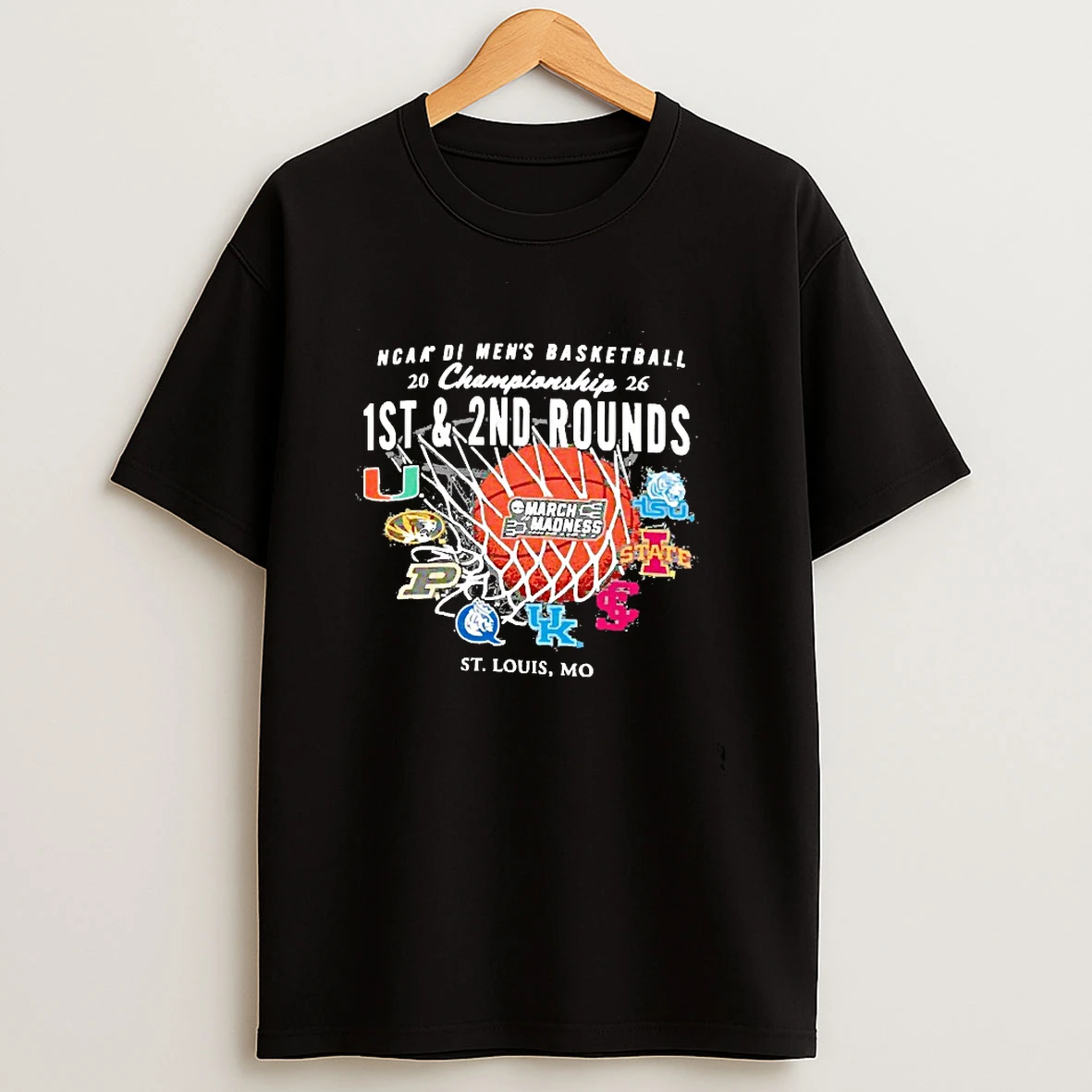 Ncaa Di Mens Basketball Championship 2026 1st 2nd Rounds March Madness St Louis Mo Basketball Net Team Logos T Shirt