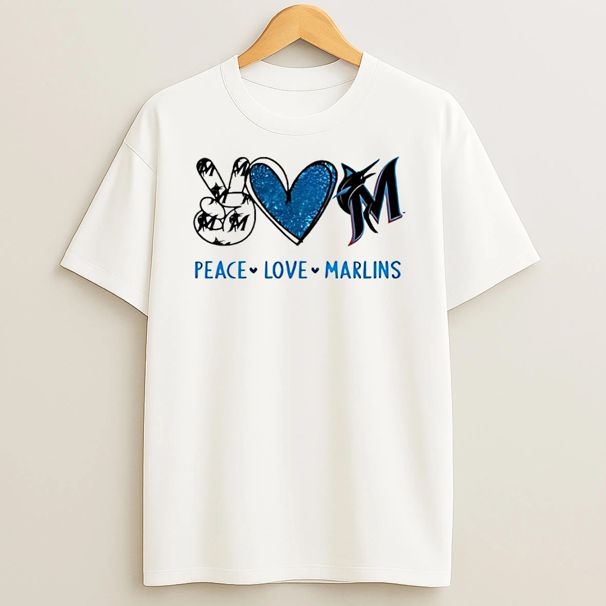 Peace Love Marlins Miami Blue Heart Fish Logo T Shirt