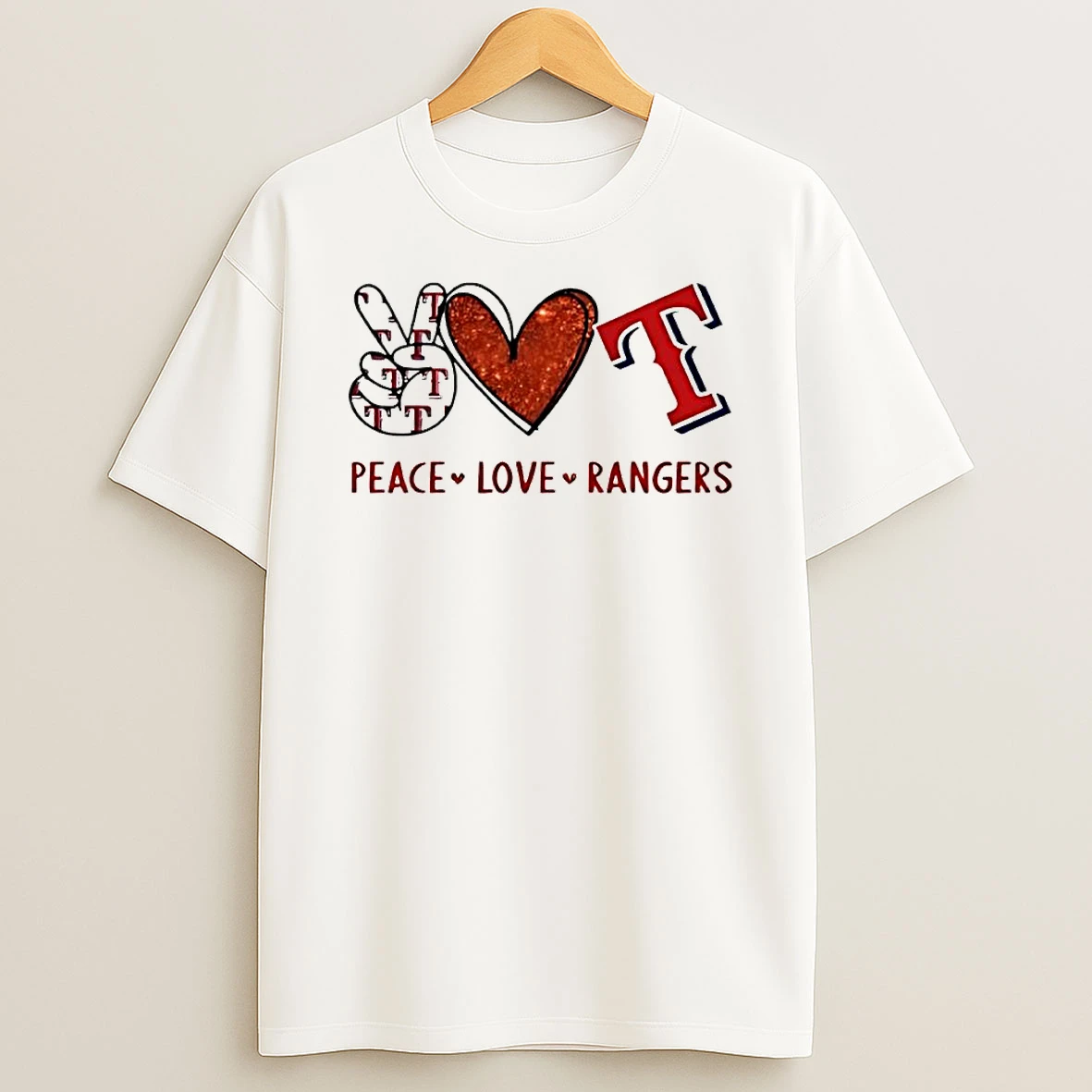 Peace Love Rangers Texas Baseball Hand Heart Graphics T Shirt