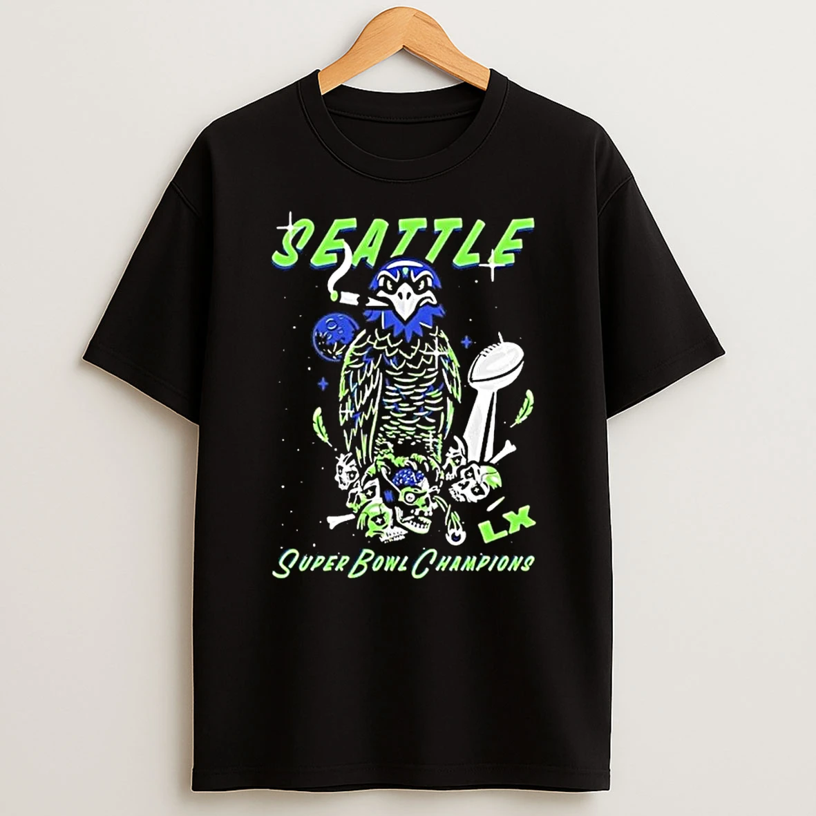Seattle Seahawks Super Bowl Lx Champions Boom Mascot Trophy T Shirt