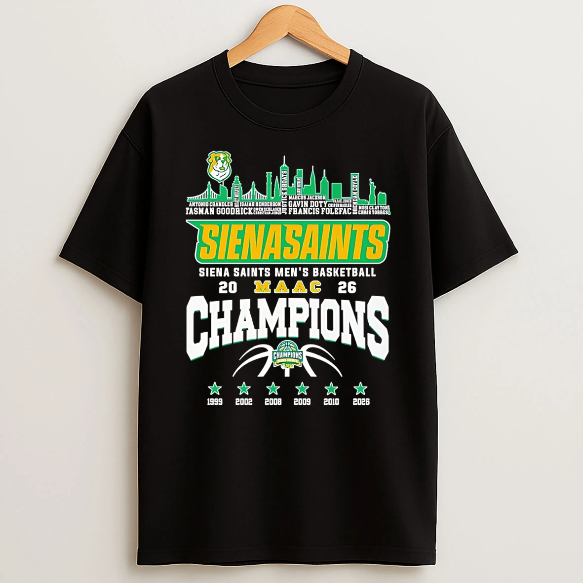 Siena Saints Maac Mens Basketball Champions 2026 Player Name City Skyline T Shirt
