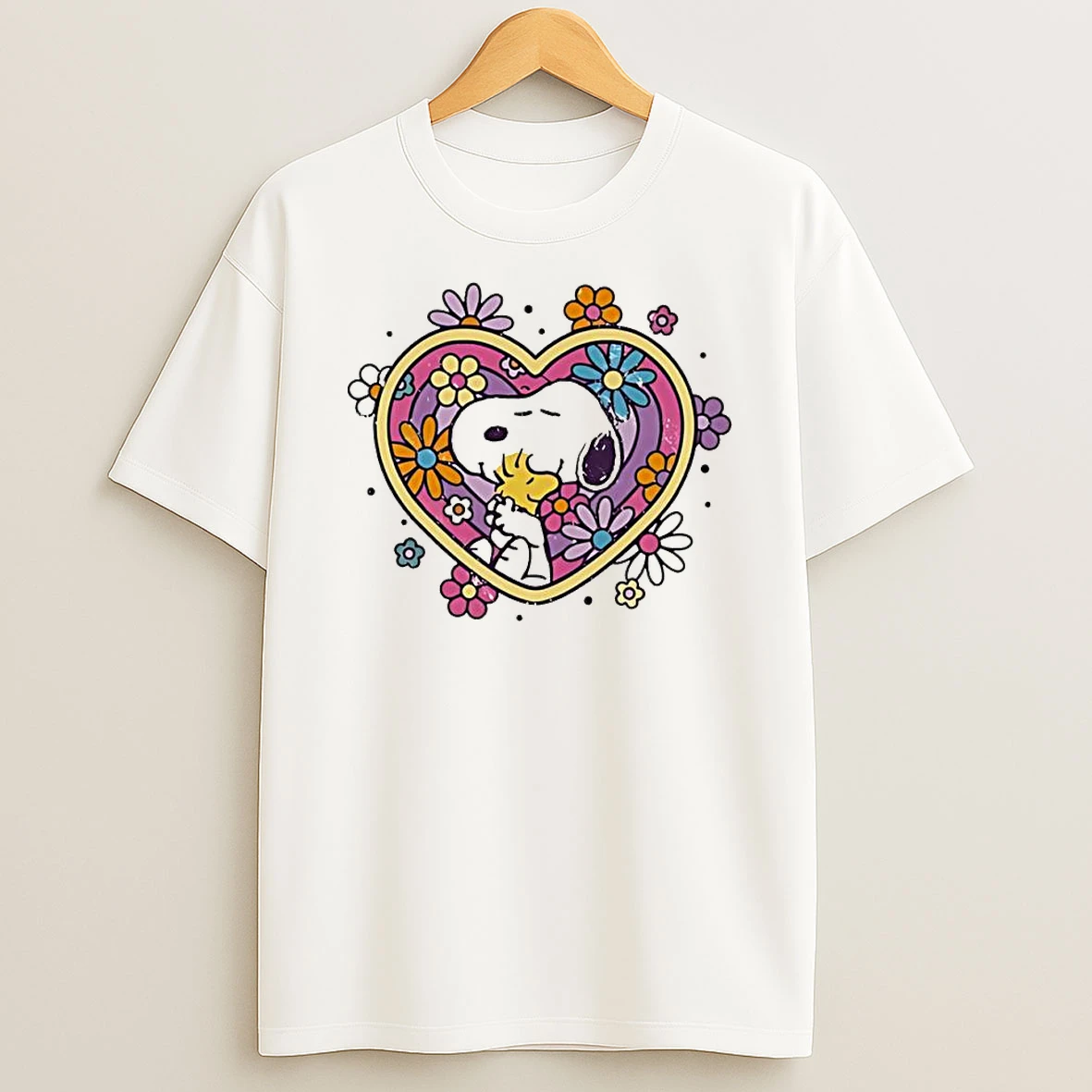 Snoopy Hug Woodstock Heart Flowers T Shirt