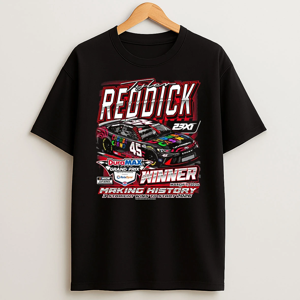 Tyler Reddick 23xi Racing Black 2026 Duramax Texas Grand Prix Powered By Reladyne Race Winner T Shirt