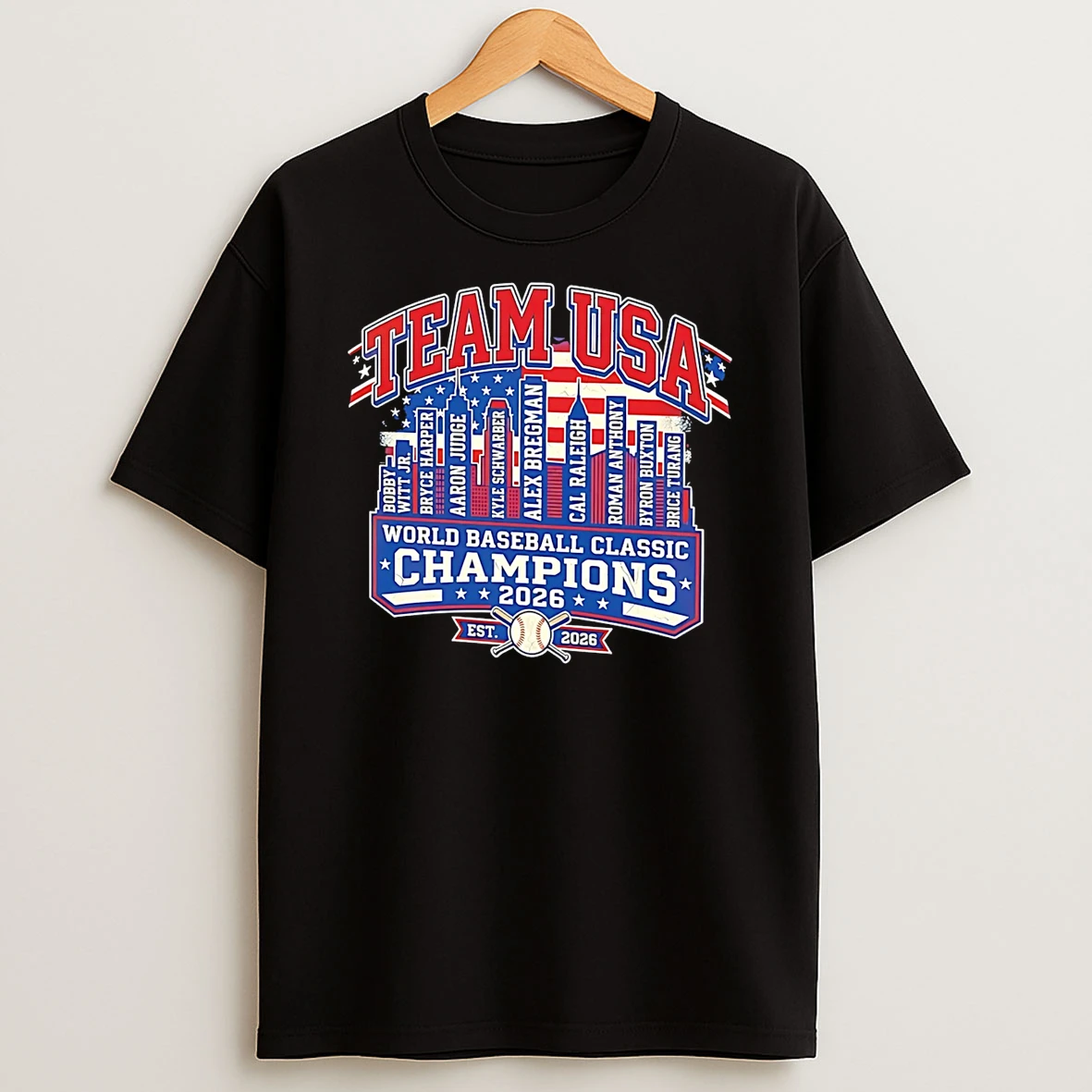 Usa Team Baseball 26 World Baseball Classic Champions Player Name Skyline T Shirt