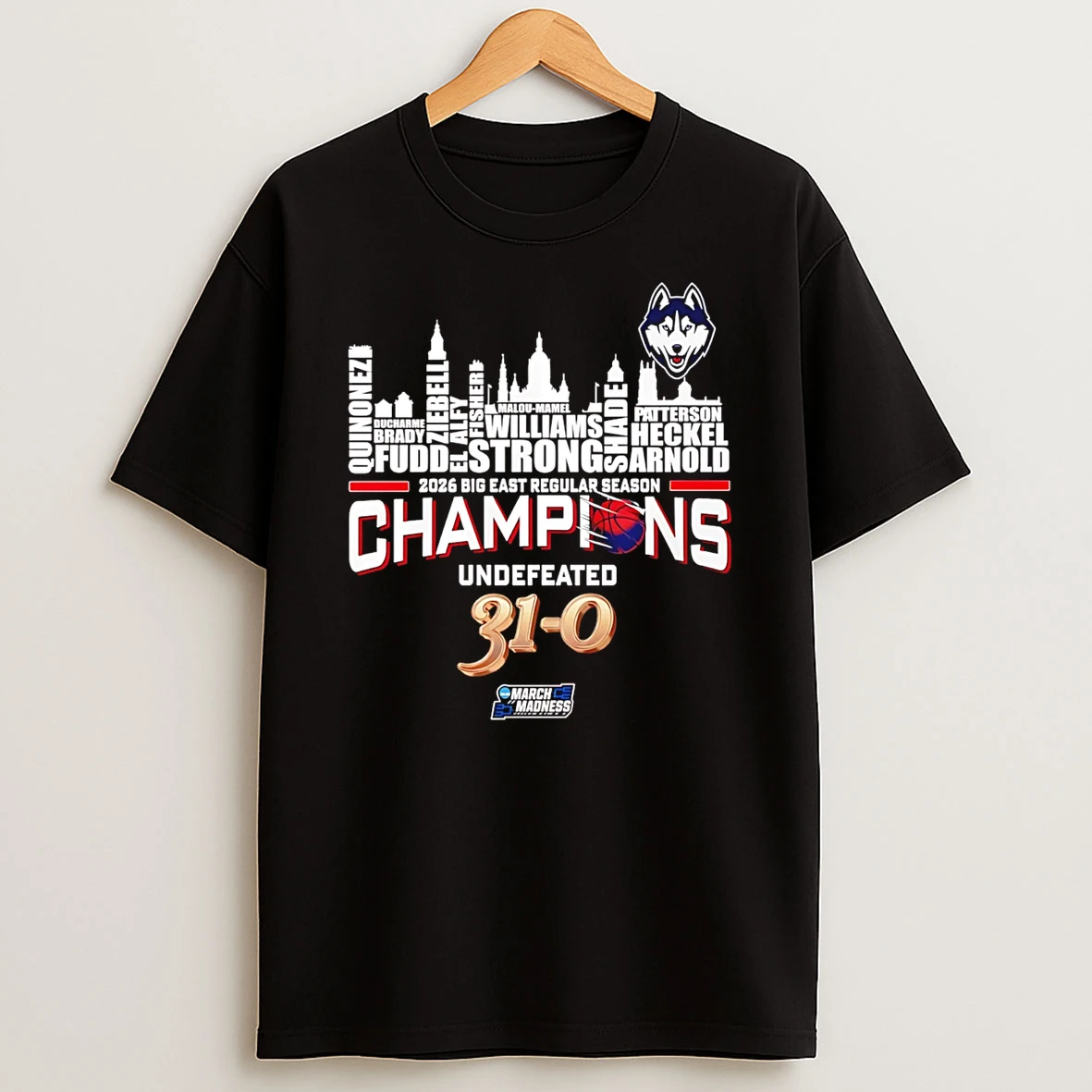 Uconn Huskies 2026 Big East Champions Undefeated 31 0 Name City Skyline T Shirt