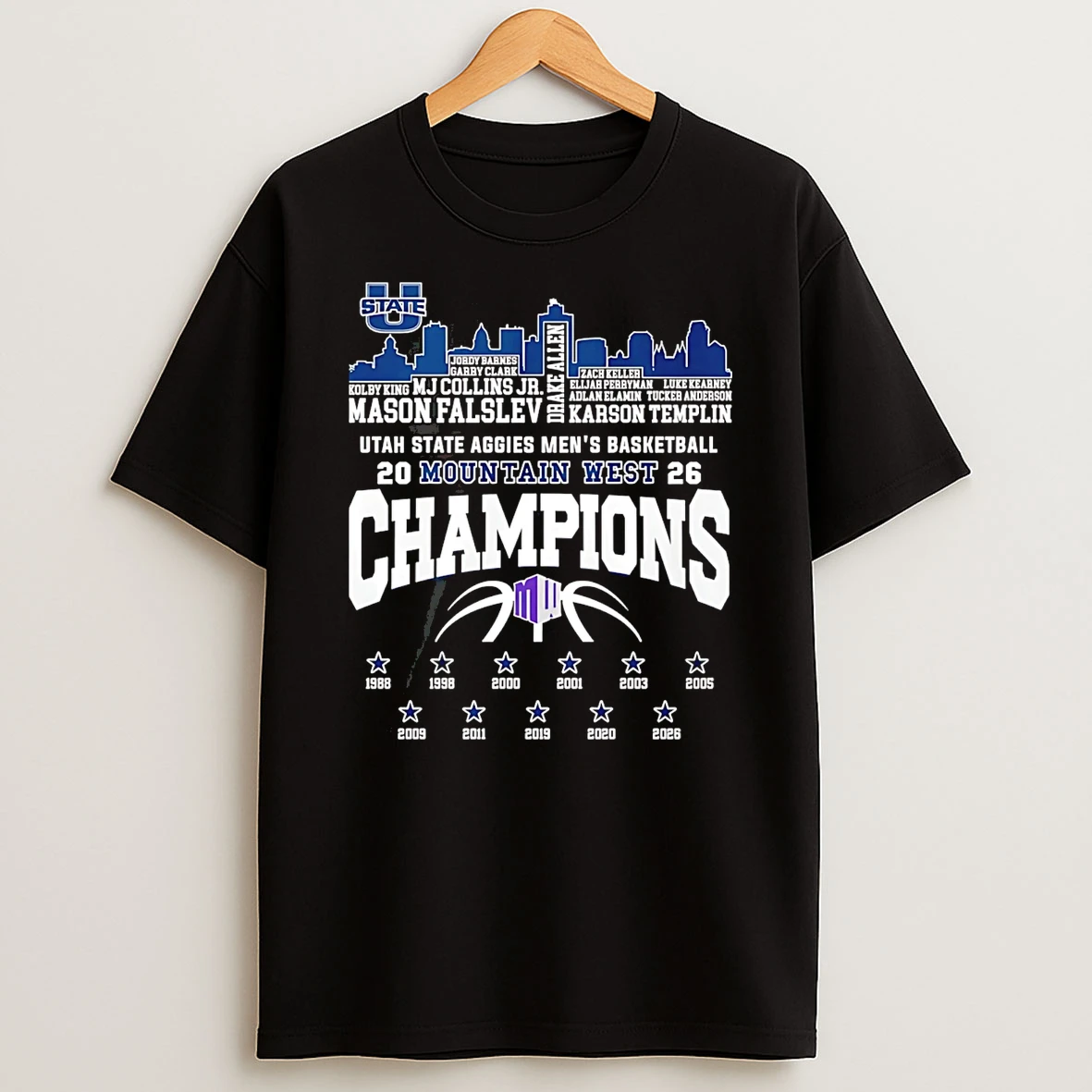 Utah State Aggies Mountain West Champions 2026 Player Name City Skyline T Shirt