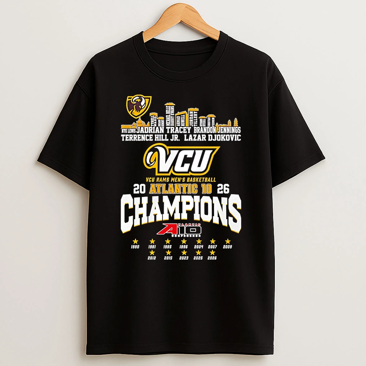 Vcu Rams Mens Basketball Atlantic 10 Champions 2026 Player Name City Skyline T Shirt