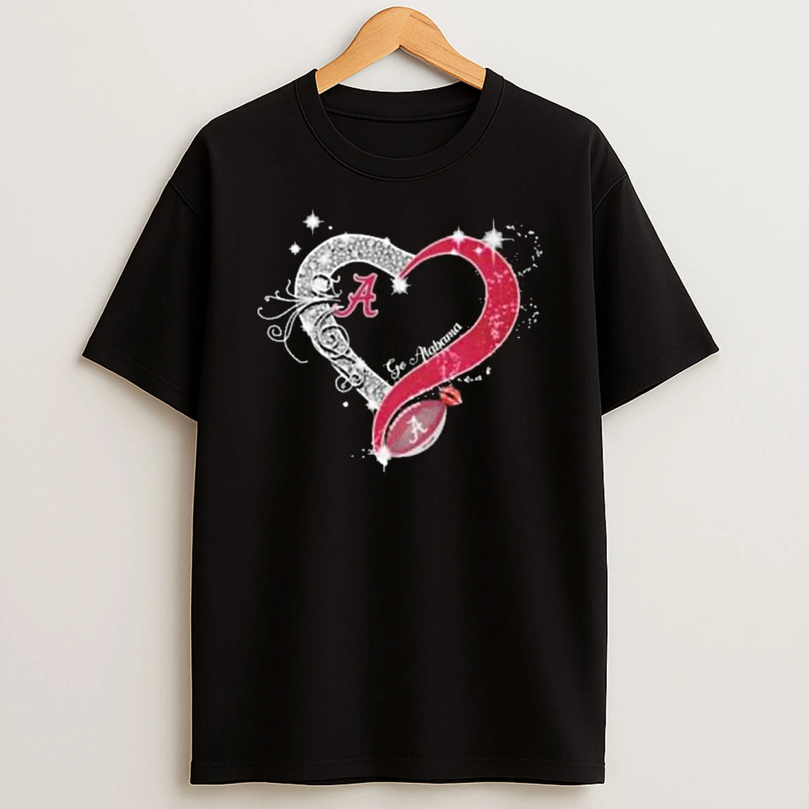Alabama Crimson Tide Glitter Heart Sparkle Football Fan T Shirt