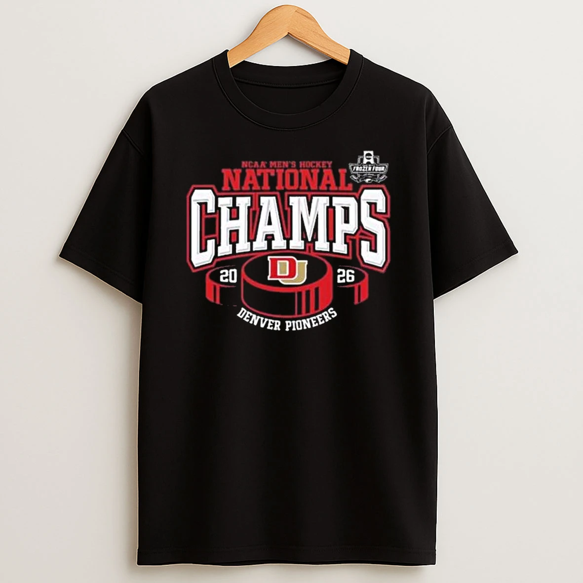 Denver Pioneers 2026 Ncaa Frozen Four Mens Ice Hockey National Champions Hockey Puck T Shirt