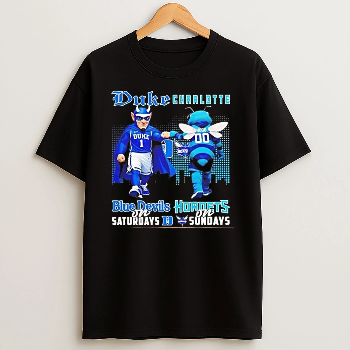 Duke Blue Devils On Saturdays Touch Hand Charlotte Hornets On Sundays Mascot T Shirt