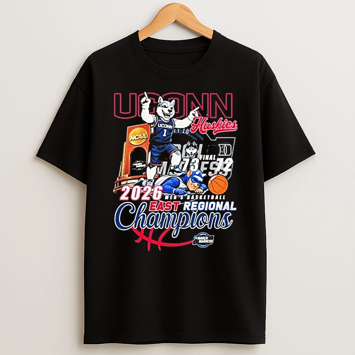 Uconn Huskies Beat Duke Blue Devils 73 72 At East Regional Champions 2026 Mascot T Shirt