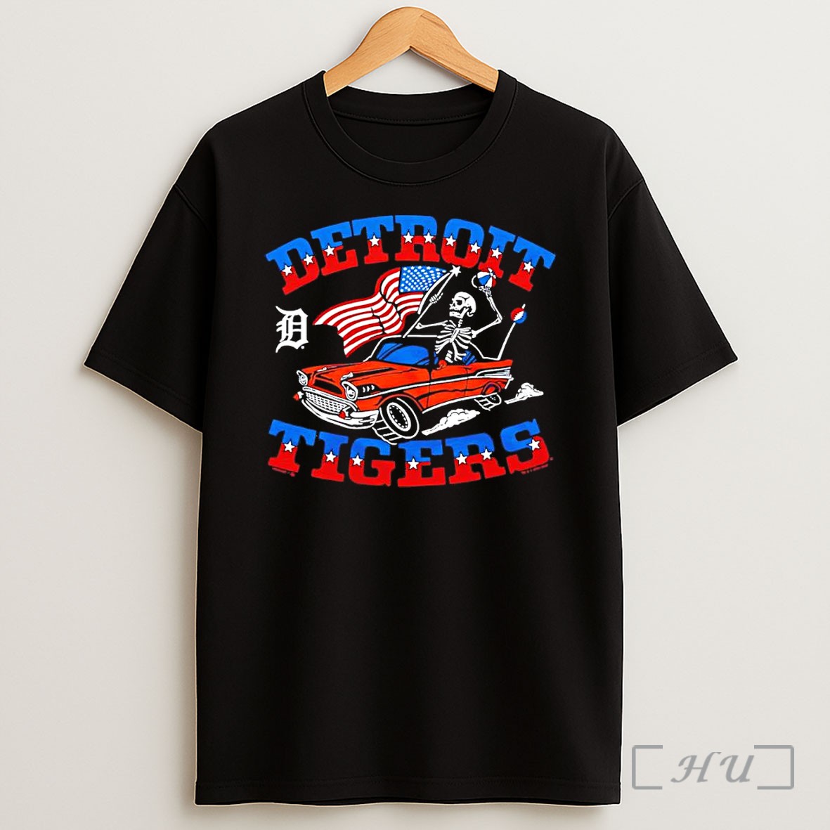 Officials Detroit Tigers Skeleton Classic Car American 250th Anniversary Shirt