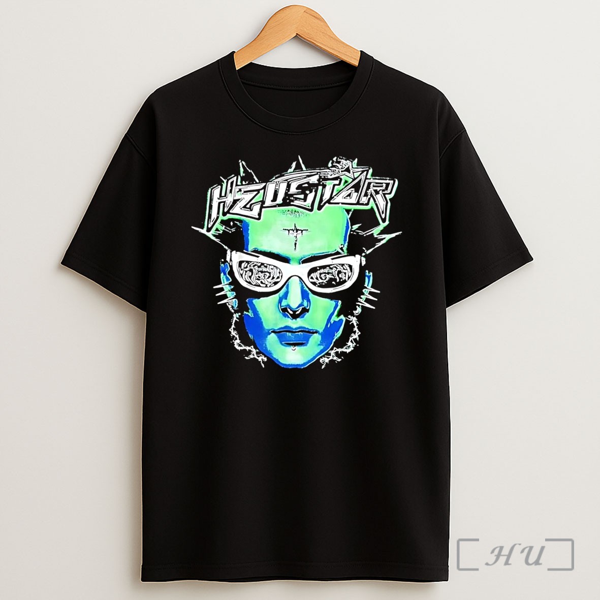 Officials Hzustar Cyber Goth Punk Face Sunglasses Crucifix Green Blue Graphic Black Shirt