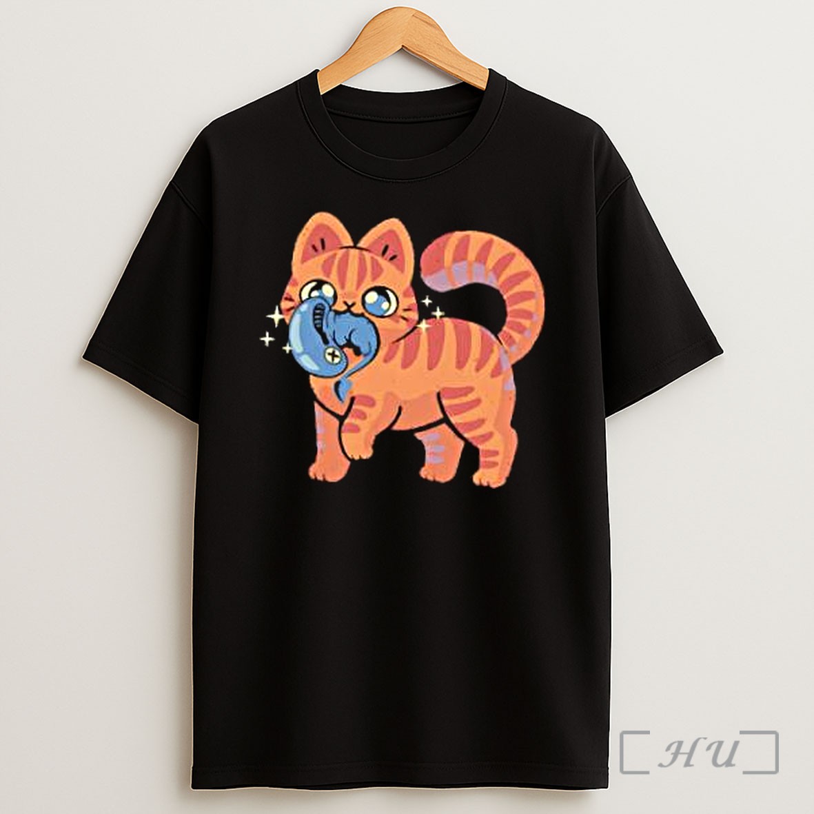 Officials Orange Tabby Cat With Sparkles Holding Blue Alien Creature Shirt