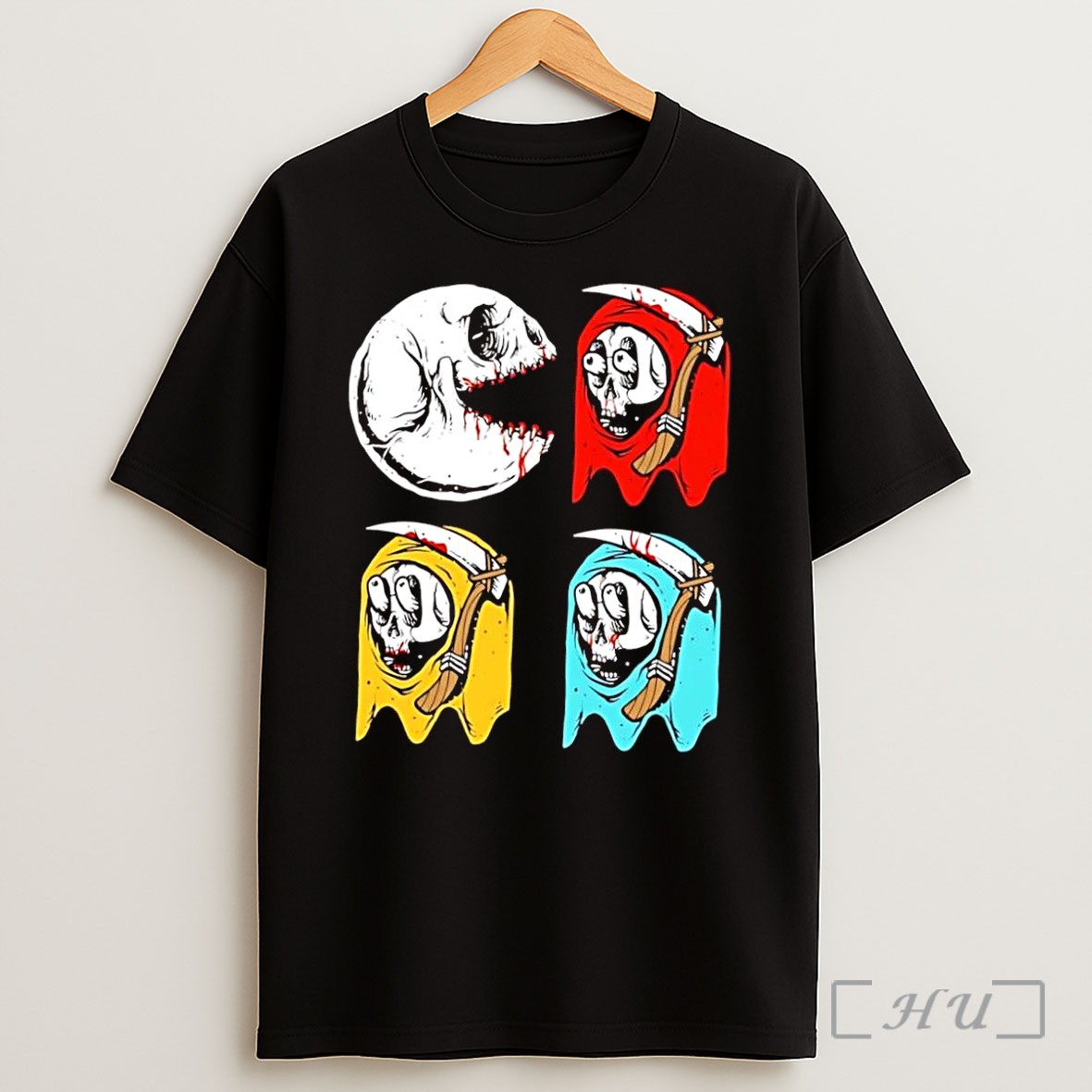 Officials Pac Man Skeleton Skull Ghost Grim Reaper Black Shirt