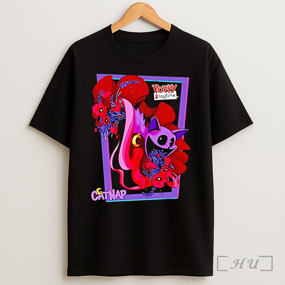 Officials Poppy Playtime Catnap Chapter 3 Trending Smiling Purple Cat Moon Flowers Horror Game Black Shirt