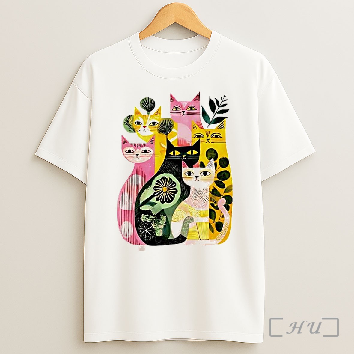 Officials Vibrant Stylized Cats And Botanical Foliage Shirt