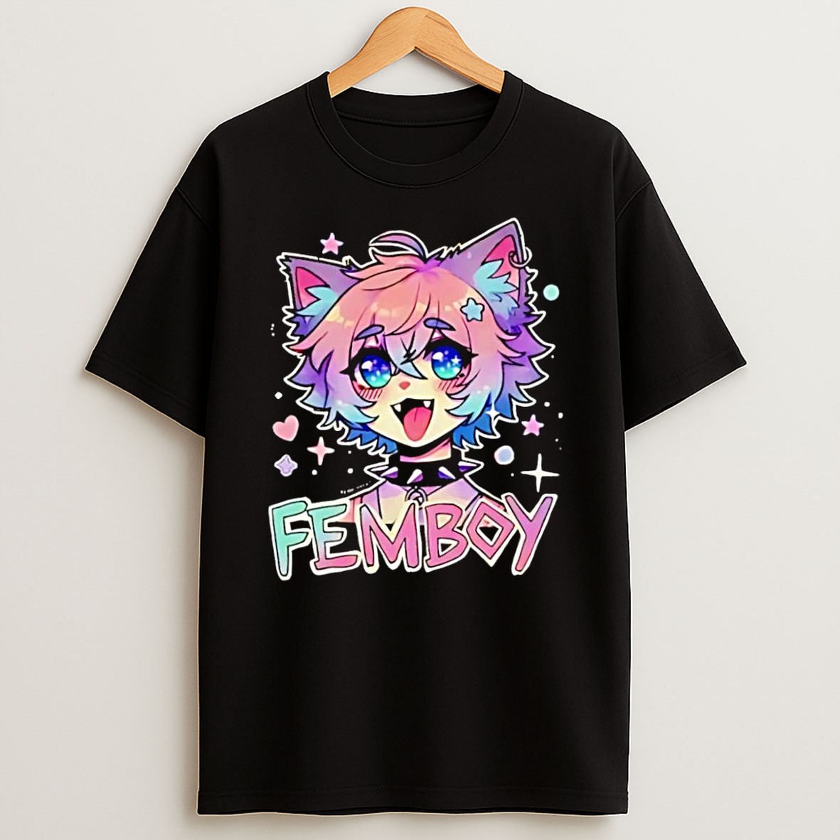 Original Femboy Catboy Nekomimi Anime Manga Kawaii Cute Pastel Sparkling Spiked Collar Femboy Black T Shirt