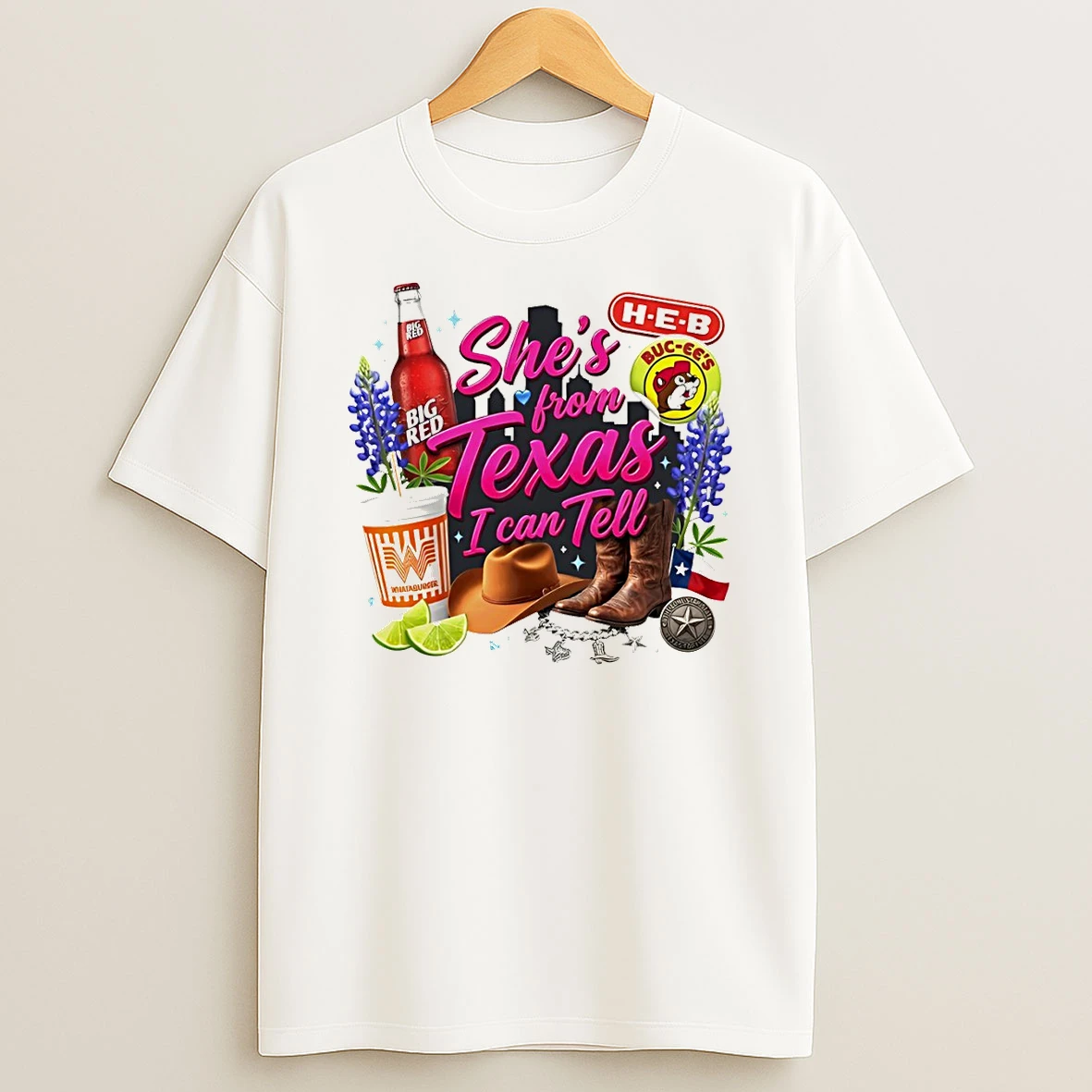 Big Red Soda Whataburger H E B Buc Ees Texas Bluebonnets Boots Shes From Texas I Can Tell Text Tshirt Hoodie