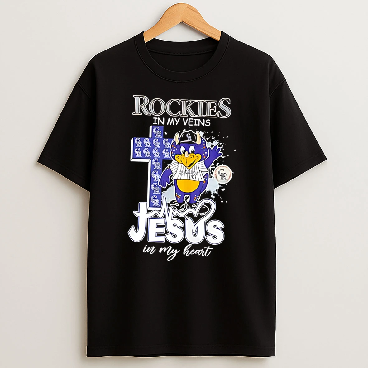 Colorado Rockies Rockies In My Veins Jesus In My Heart Mascot Cross Tee Tshirt Hoodie