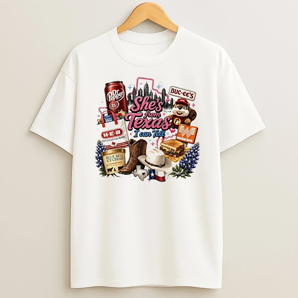 Dr Pepper Buc Ees Whataburger Heb Blue Bell Texas Shes From Texas I Can Tell Text Tshirt Hoodie