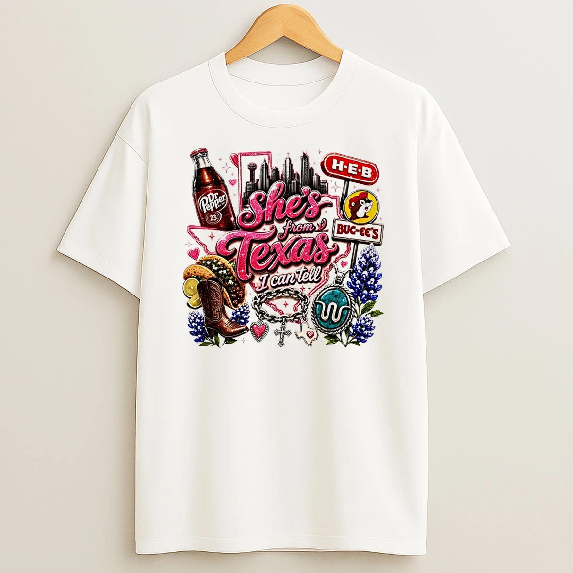 Dr Pepper Heb Buc Ees Texas Tacos Boots Bluebonnets Shes From Texas I Can Tell Text Tshirt Hoodie